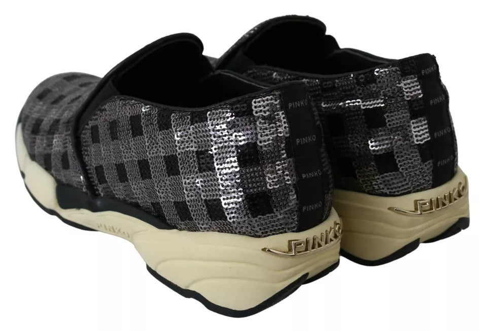 PINKO Silver Black Slip-on Sequence Design Sneakers Shoes