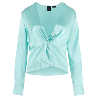 PINKO Green Silk Women Blouse with Deep V-Neck and Cuff Sleeves