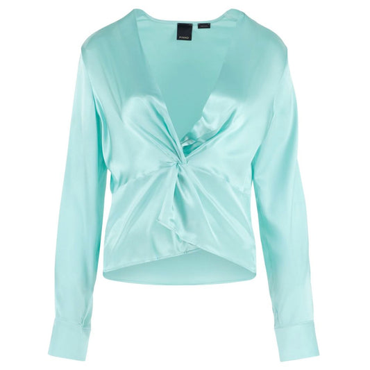 PINKO Green Silk Women Blouse with Deep V-Neck and Cuff Sleeves
