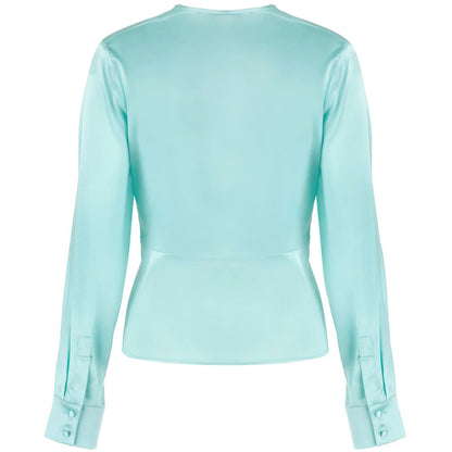 PINKO Green Silk Women Blouse with Deep V-Neck and Cuff Sleeves