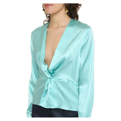 PINKO Green Silk Women Blouse with Deep V-Neck and Cuff Sleeves